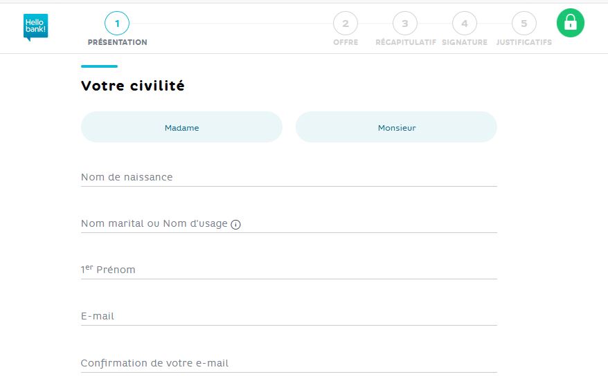formulaire ouverture de compte Hello bank!