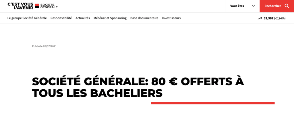 Offre 80€ Société Générale bachelier bac