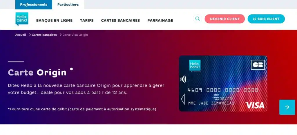 Hello bank! carte bancaire mineur