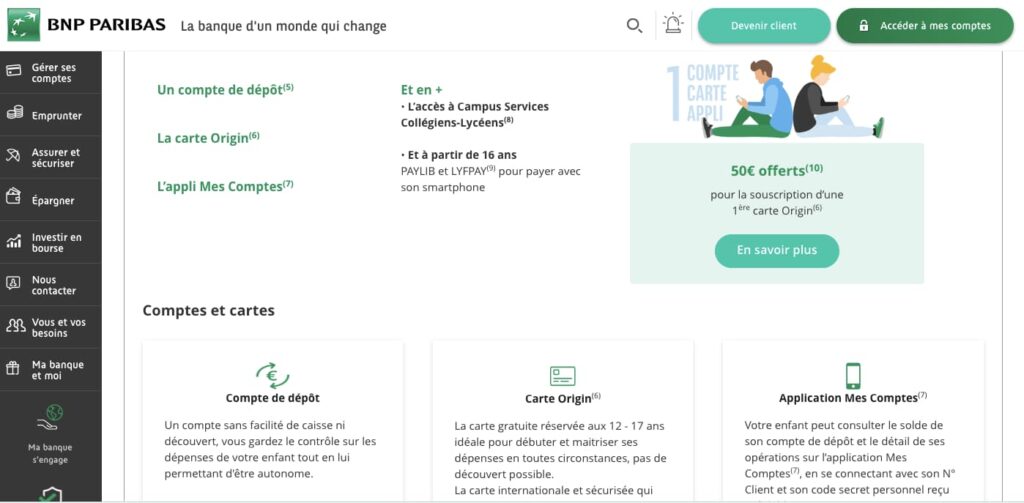 50 euros BNP Paribas compte ado