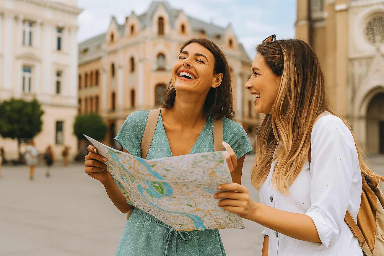 Femme face carte voyage