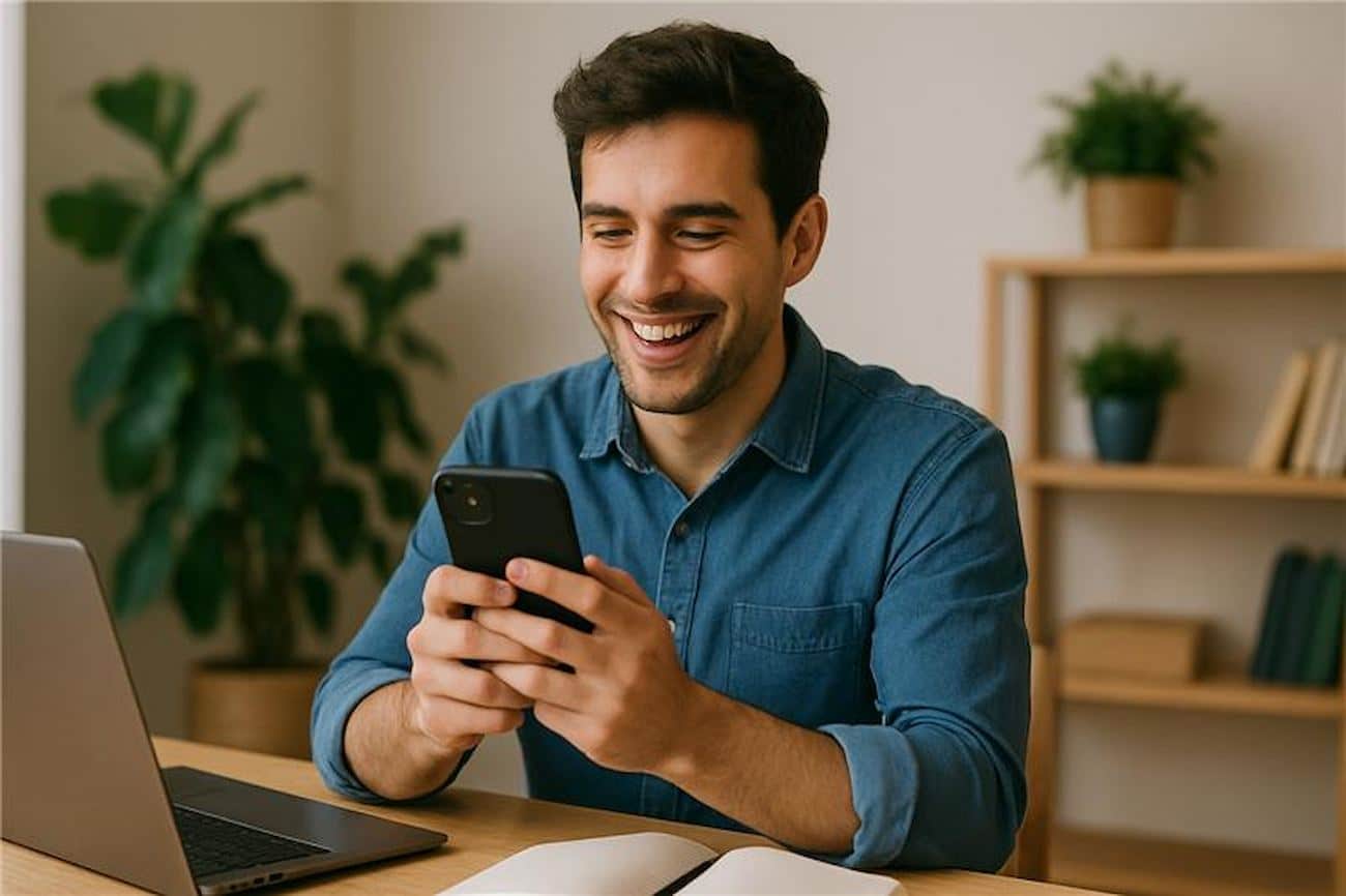 Homme face Smartphone