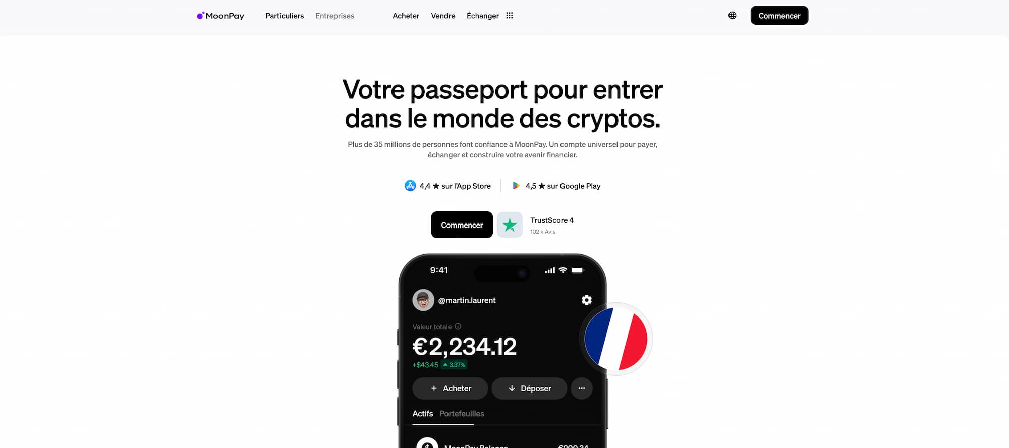 Interface MoonPay en français