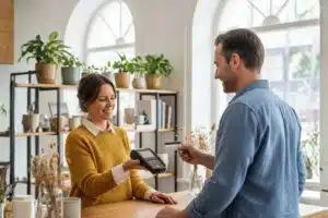 Compte pro : 4 % de rendement, le nouveau secret des PME malines commerçante en train d'encaisser un client grâce à son compte pro qonto