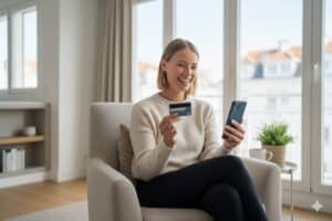 femme heureuse d'acheter des crypto par carte