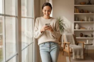 femme heureuse debout dans son salon près de sa fenêtre en train de consulter son téléphone portable