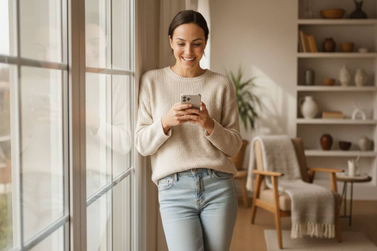 femme heureuse debout dans son salon près de sa fenêtre en train de consulter son téléphone portable