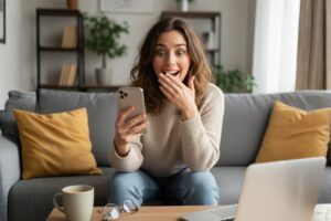 femme heureuse sur son téléphone portable découvrant l'offre de 130€ offerts BoursoBank