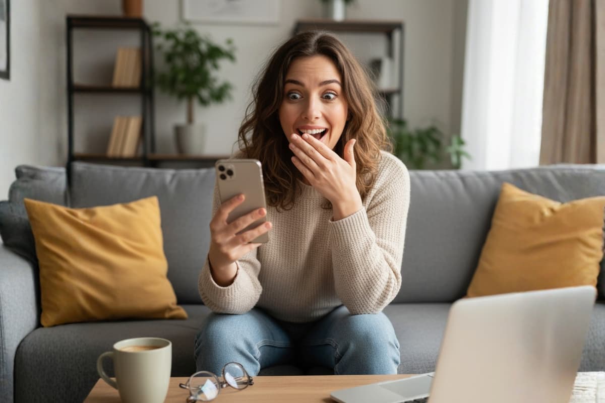 femme heureuse sur son téléphone portable découvrant l'offre de 130€ offerts BoursoBank