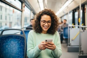 femme-qui-decouvre-offre-bancaire-dans-le-bus