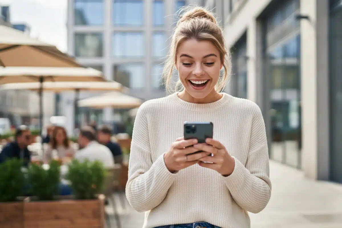 femme souriante en train de consulter son téléphone portable dans une rue passante