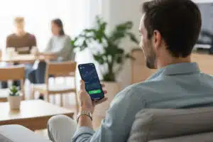 Crypto : cette plateforme change tout pour investir dans le Bitcoin sans stress homme-achetant-bitcoin-bitvavo-sur-son-smartphone-dans-un-coffee-shop
