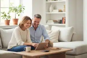 PER : une prime jusqu'à 750 €… du jamais vu cette année ! couple dans son salon en train de souscrire un plan épargne retraite avec garance