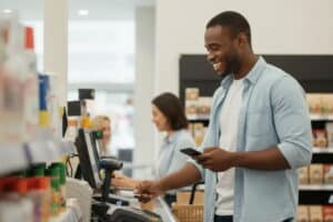 homme heureux courses