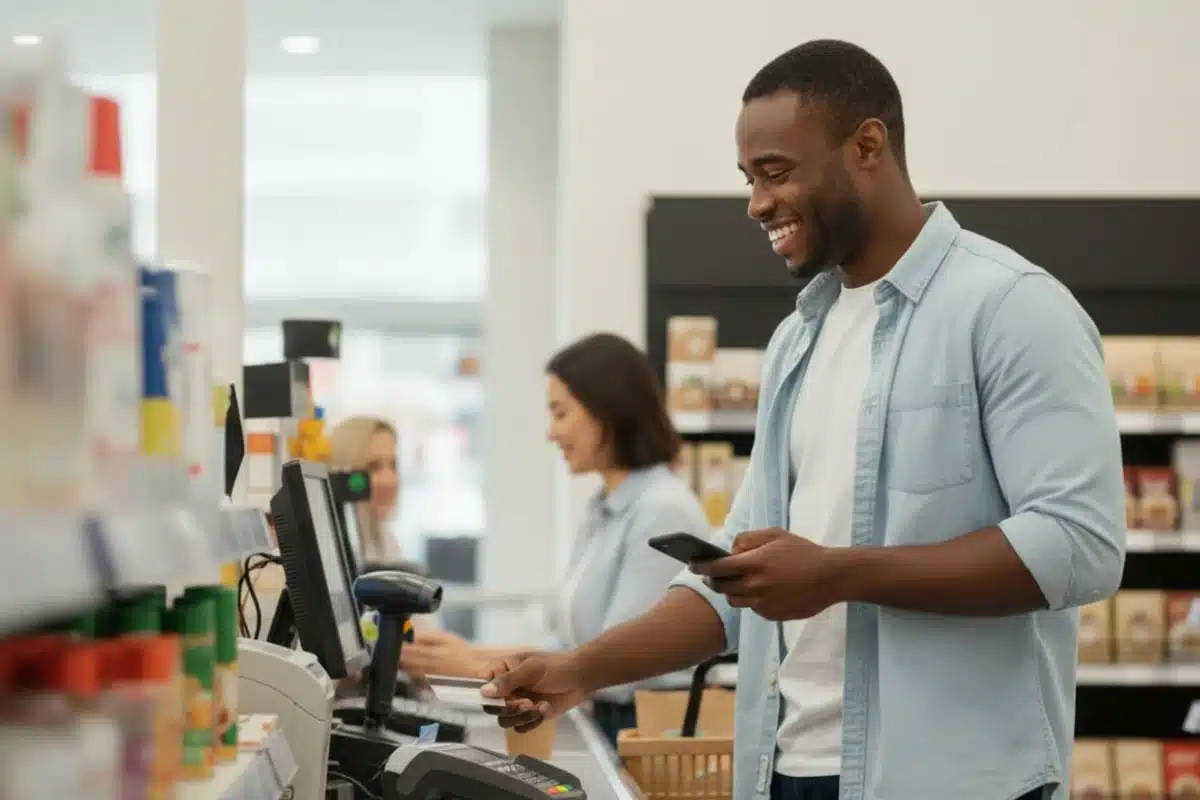 homme heureux courses