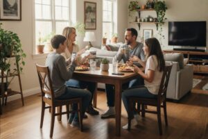 Banque : pourquoi cette offre fait fondre les frais bancaires des familles ! une famille en train de dîner autour d'une table dans un salon lumineux