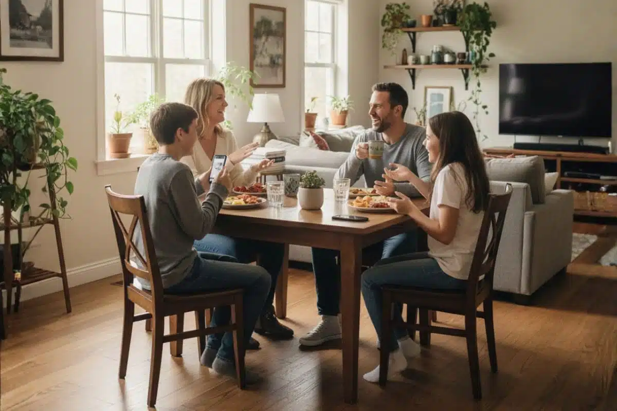 une famille en train de dîner autour d'une table dans un salon lumineux