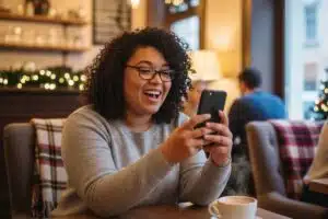 Banque en ligne : Dernier jour pour profite de 250€ offerts ! une femme est assise dans un café chaleureux décoré pour les fêtes de fin d'année, en train de consulter son téléphone portable avec un air réjouit