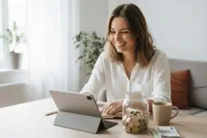 Assurance-vie : pourquoi c'est le bon moment pour investir dans la transition écologique ? jeune femme souscrivant une assurance vie sur sa tablette