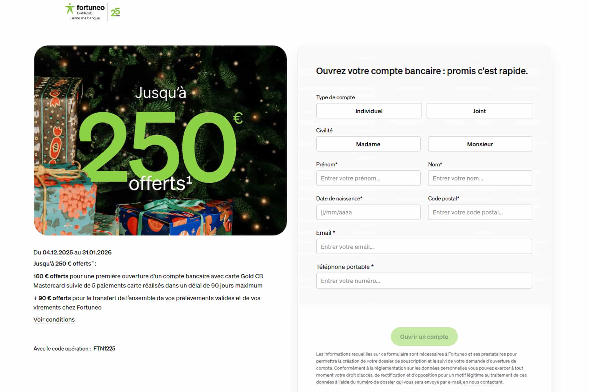 Offre Fortuneo 250 euros décembre 2025