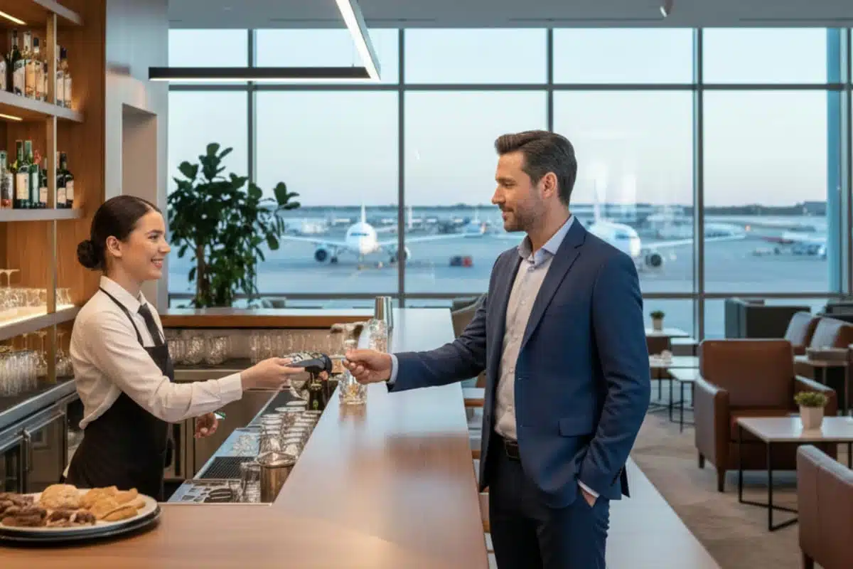 un homme paie au comptoir d'un café dans un lounge d'aéroport