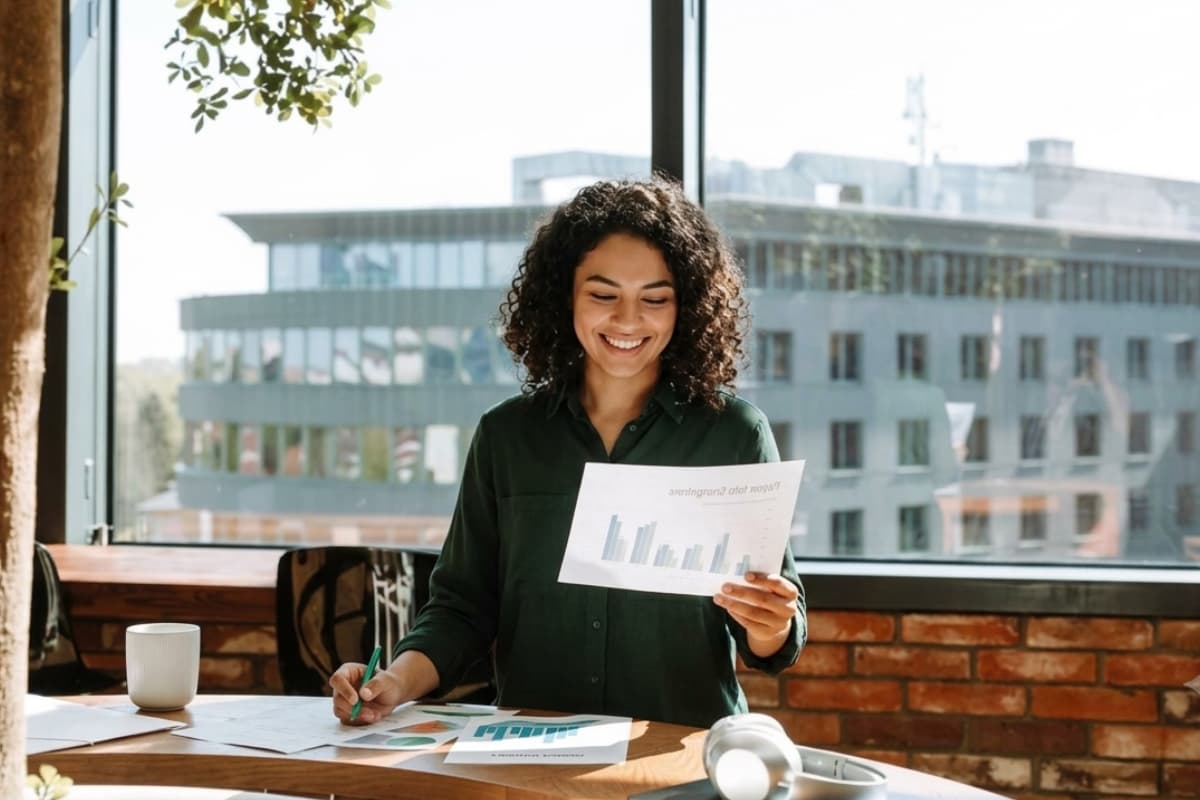 Smiling woman in a dark green shirt reviews charts at a sunlit wooden desk by a brick wall and large window.