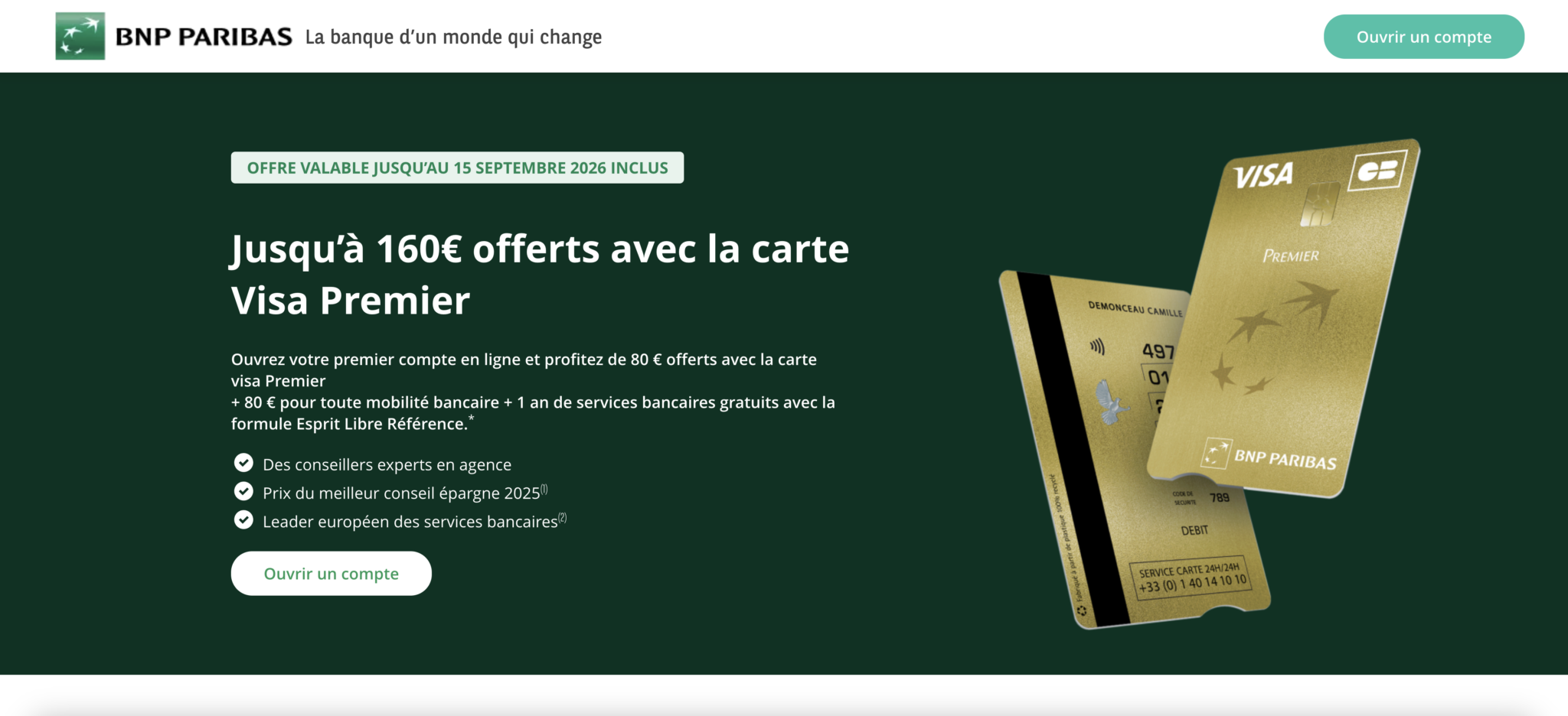 BNP Paribas — jusqu'à 160 € offerts pour l'ouverture d'un compte, été 2026