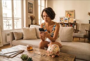 Épargne : l'erreur qui vous coûte des milliers d'euros ! Young woman sits on a beige sofa in a bright living room, looking at her phone with a piggy bank and scattered coins on the coffee table nearby.