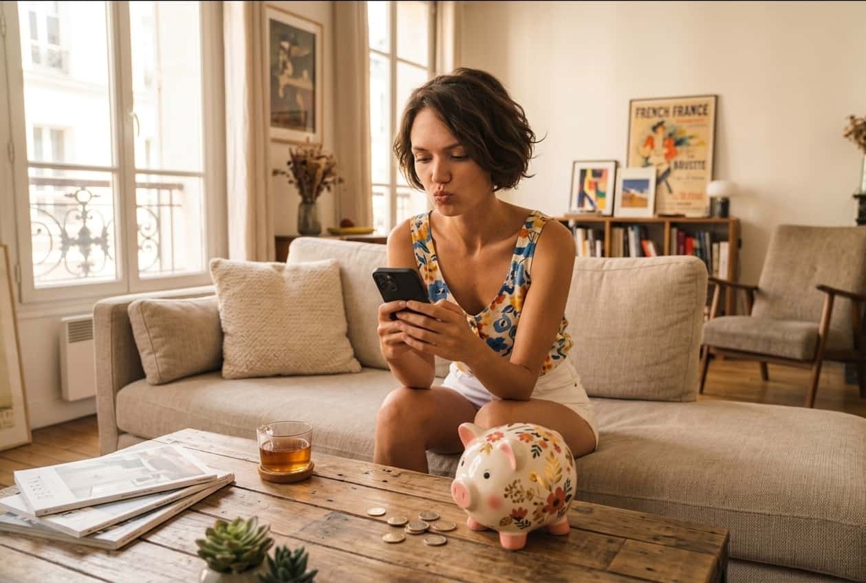 Young woman sits on a beige sofa in a bright living room, looking at her phone with a piggy bank and scattered coins on the coffee table nearby.