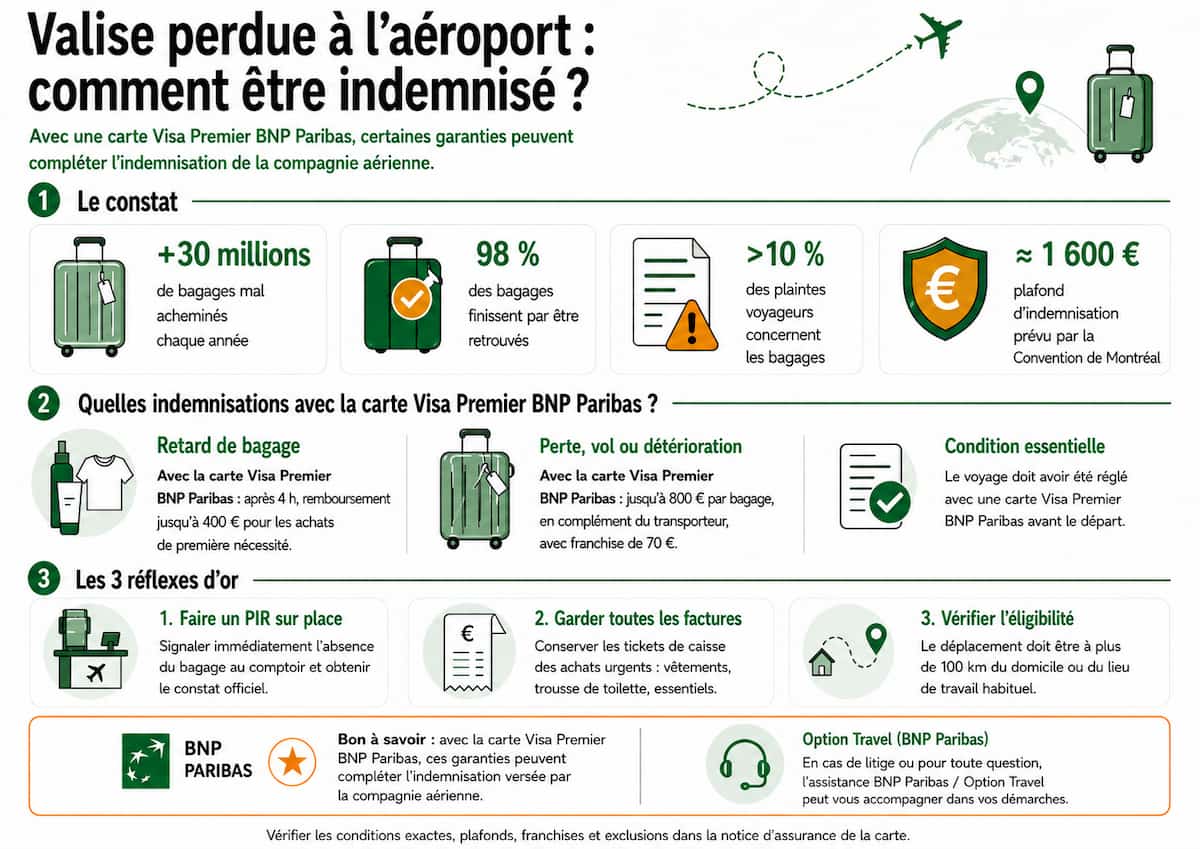 Infographie : perte et retard de bagages en avion, chiffres clés et indemnisation avec la carte Visa Premier de BNP Paribas