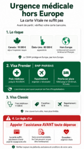 Urgences à 18 000 € hors Europe : pourquoi la carte Vitale ne vous sauvera pas (et ce qu'il faut vérifier avant de partir) ! Infographie française sur l’assurance médicale voyage hors Europe: risques, garanties Visa Premier/Classic, et la règle d’appeler l’assistance avant dépense.