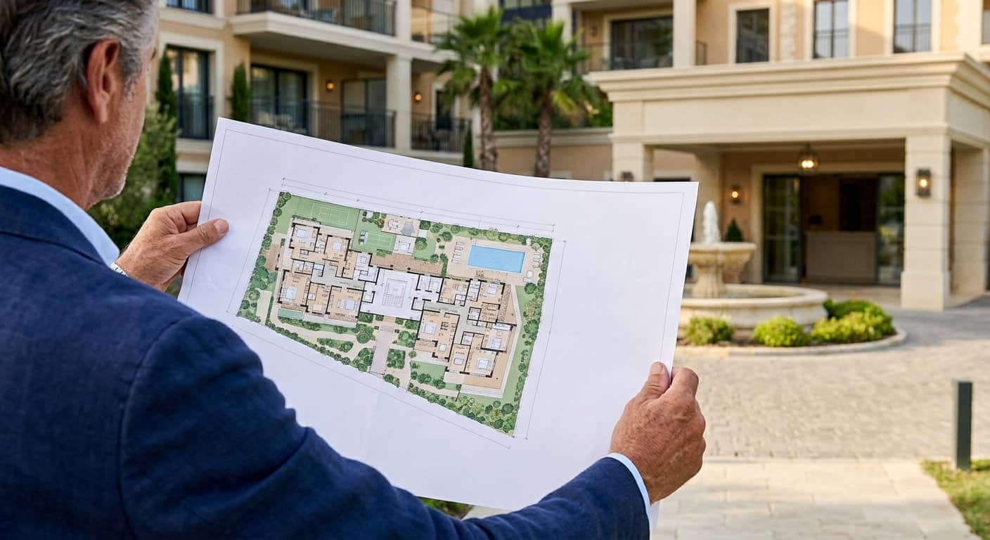 Man in a blue blazer holds a large architectural site plan of a residential complex outdoors, with a fountain and building in the background.