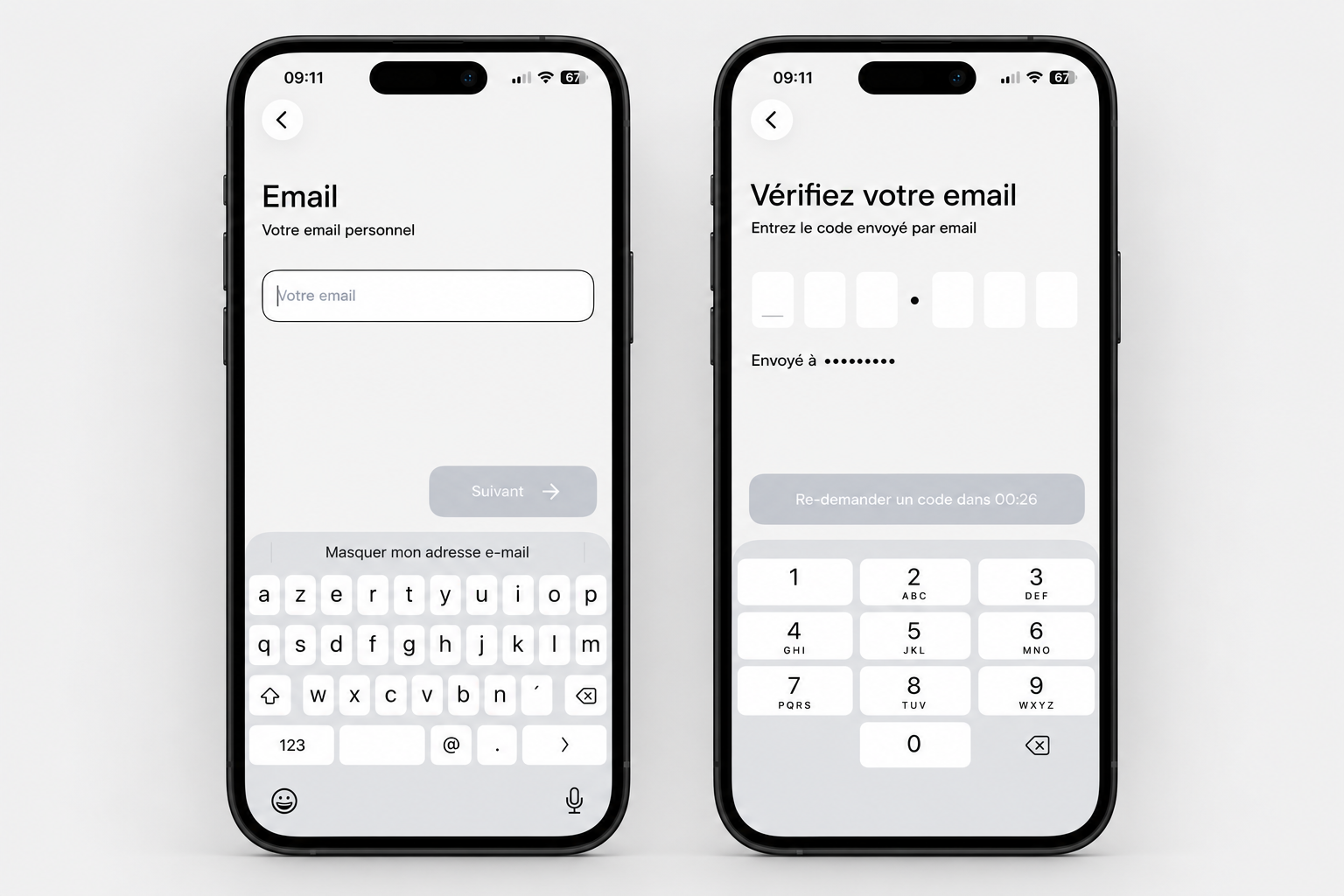 Inscription Deblock : saisie de l'adresse e-mail puis du code de vérification reçu par e-mail