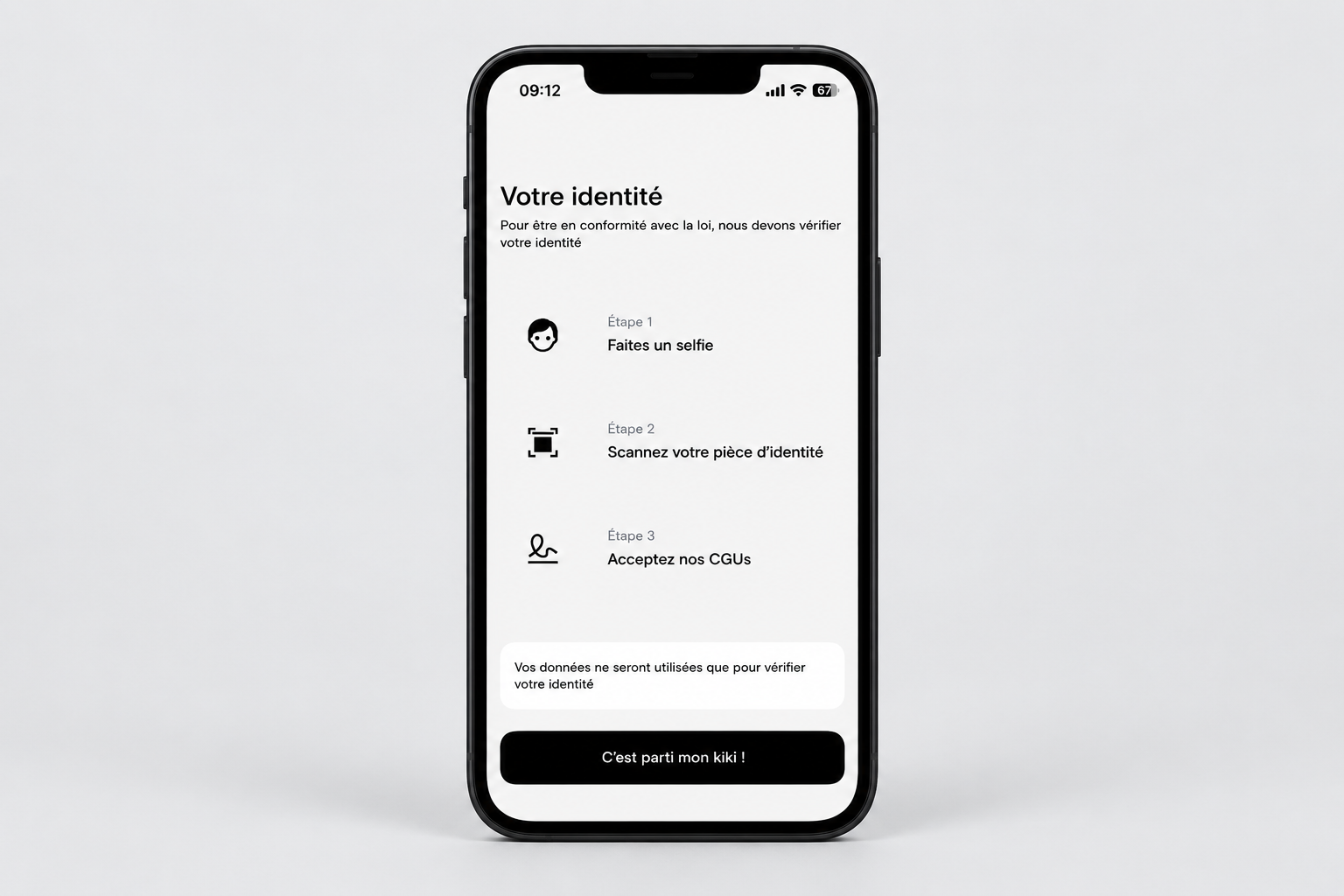 Inscription Deblock : écran de vérification d'identité avec selfie, scan de la pièce d'identité et acceptation des CGU